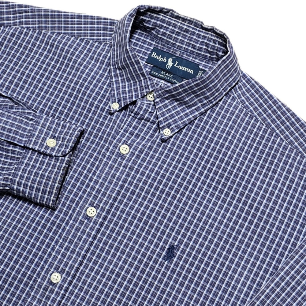 VTG Ralph Lauren‎ Blake Button Down Shirt Mens L Long Sleeve Purple Blue Check